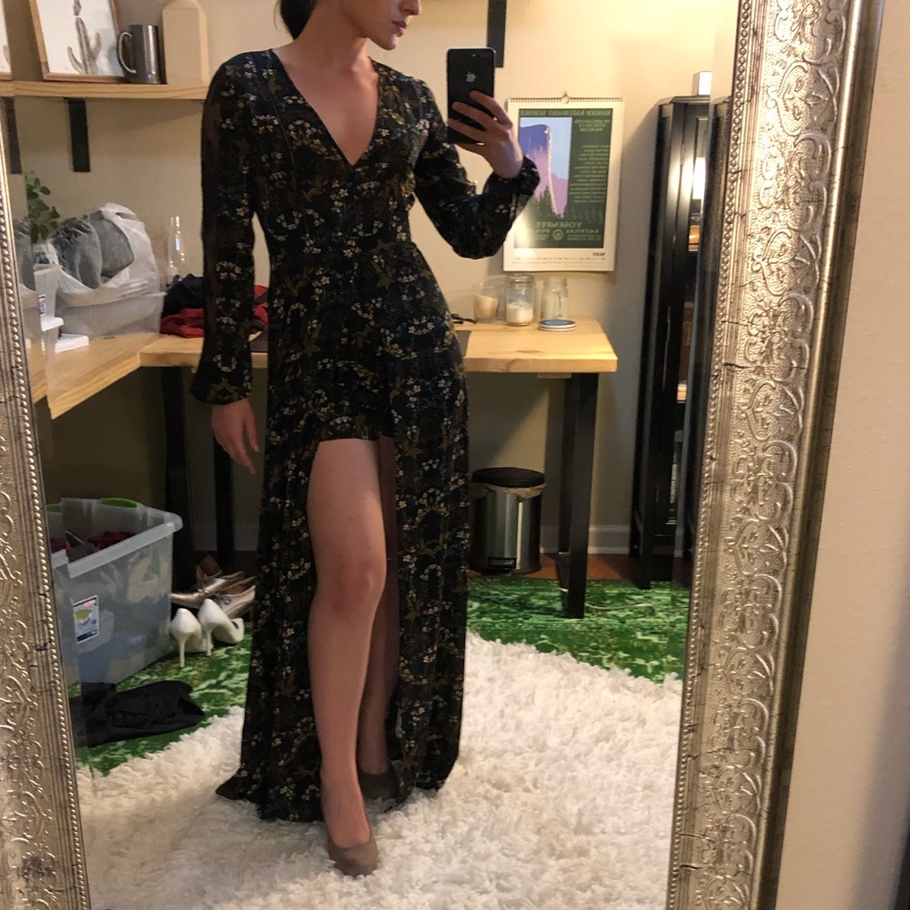 Forever 21 Maxi Romper Black Floral Lace Detail